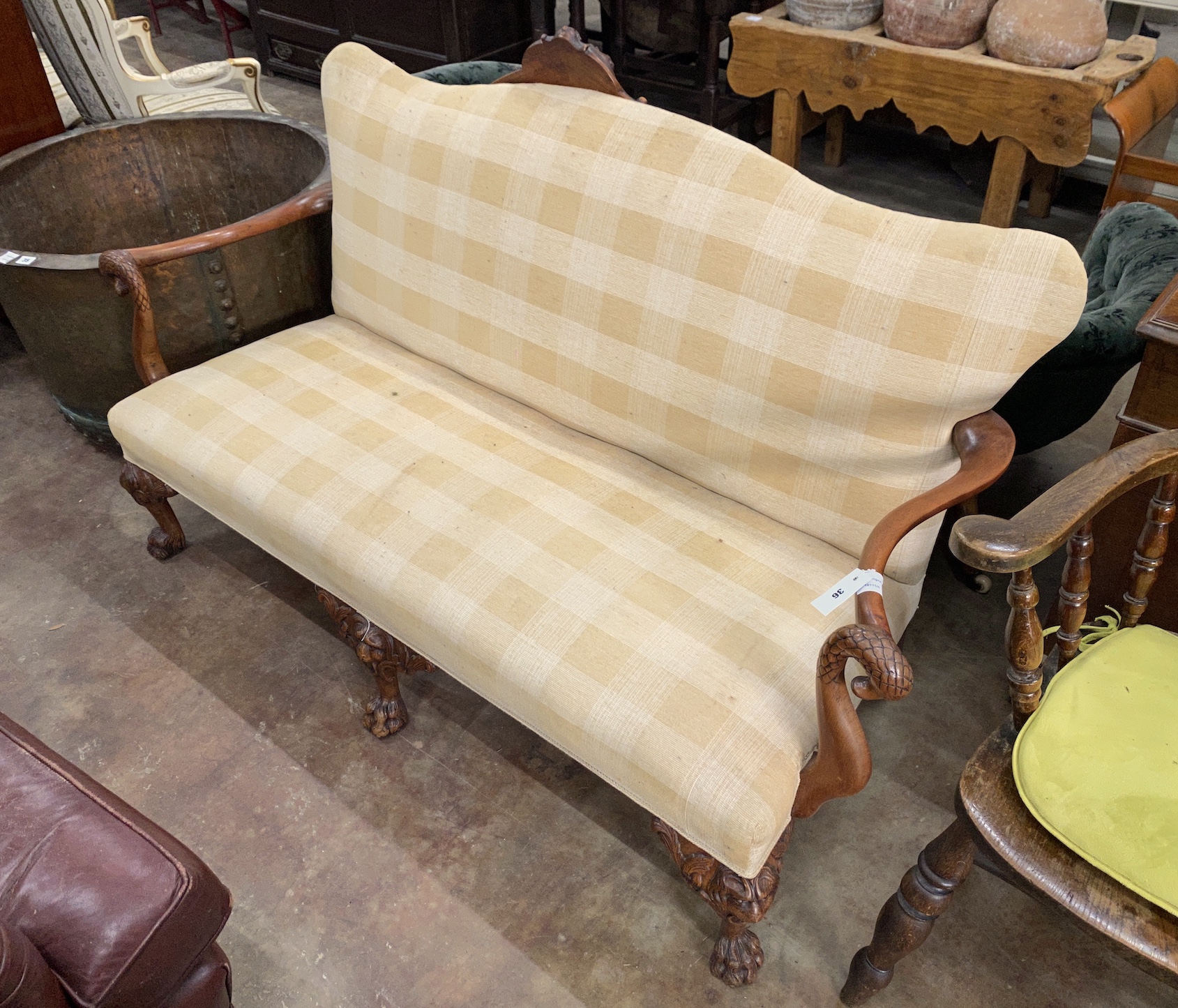An 18th century style mahogany two seater settee with scroll swan neck arms, width 160cm, depth 60cm, height 86cm